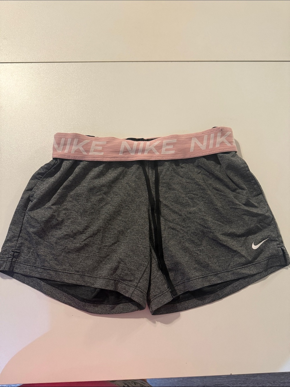 Nike Women's Gray Athletic Shorts with Pink Branded Waistband
